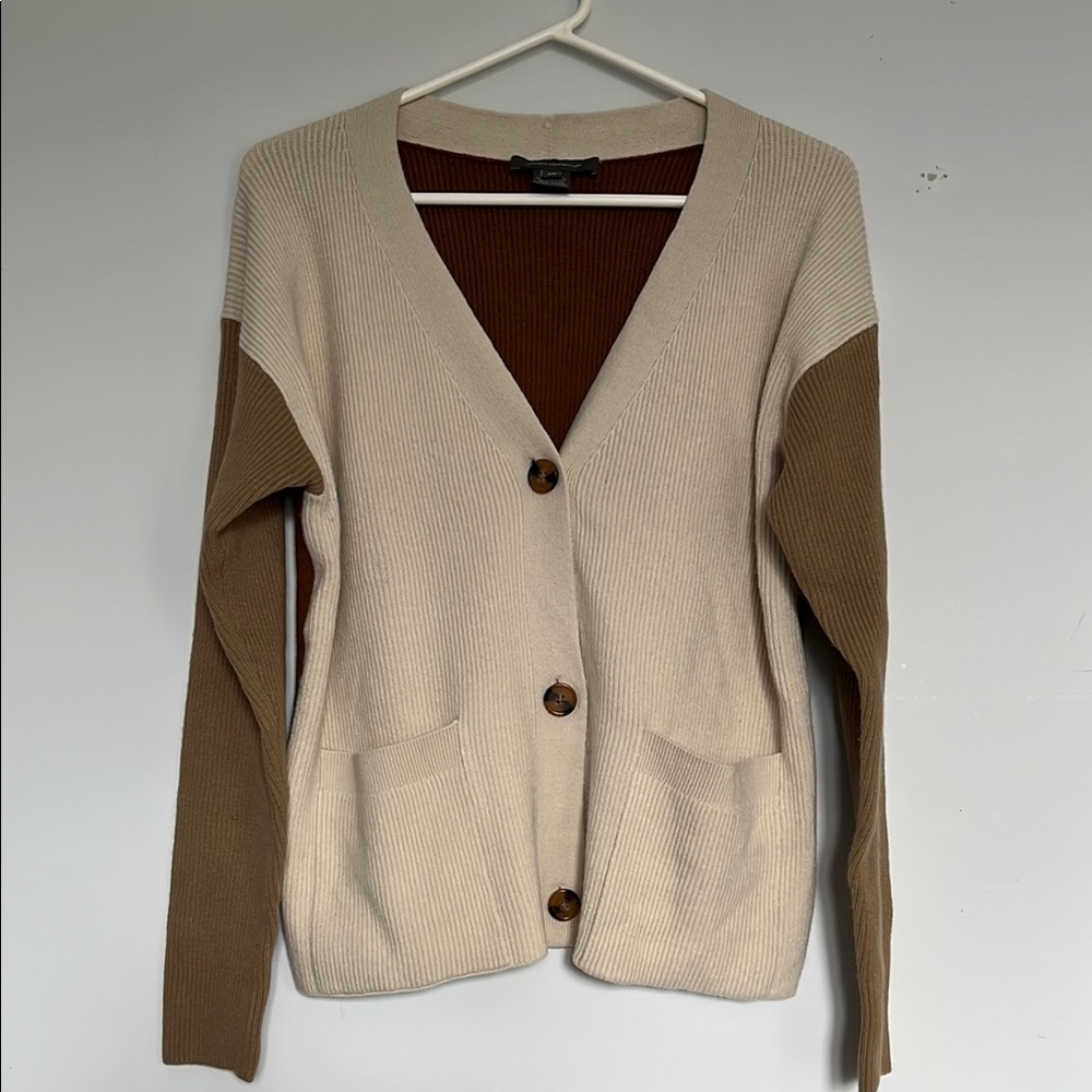 Neutral Colorblock V-Neck Cardigan Sweater - Beige & Brown